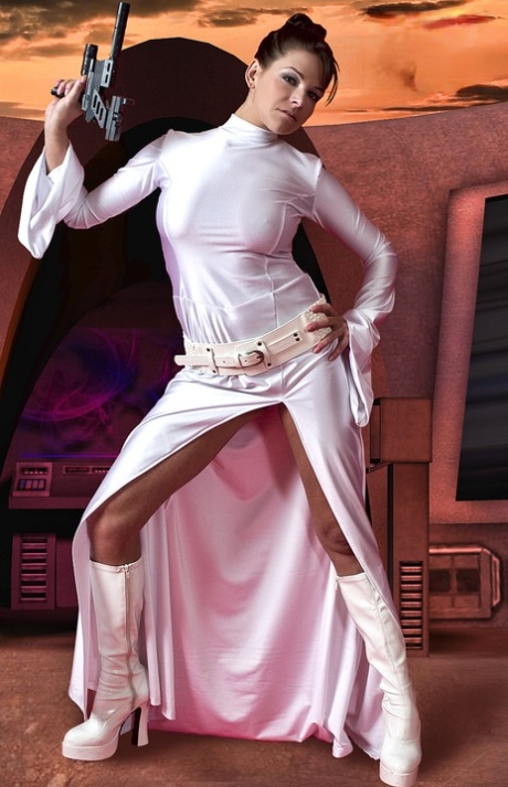 Sexy brunette wields a pistol while removing Space Princess attire 25286410