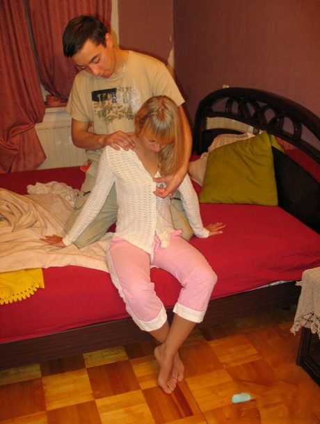 Blonde teen ends up on top during sexual intercourse upon a bed 16718601