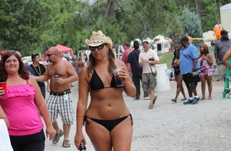 Caucasian strippers put on an outdoor show at a clothing optional club 19834853