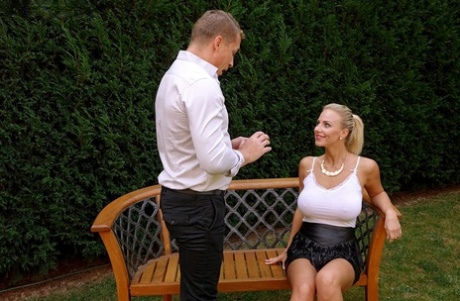 Filthy busty blonde girl gets her horny pussy peed on in the back yard 84045352