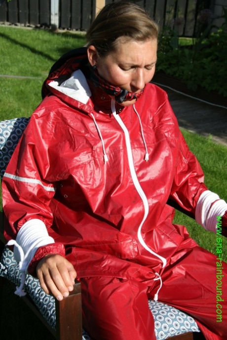 Amateur chick is subjected to breath play while affixed to a chair in a yard 43616852