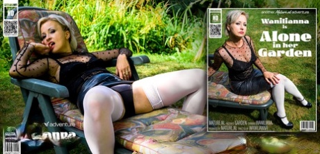 Old platinum blonde Nikita Wanilianna masturbates on a backyard lounge chair 85387439