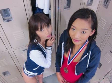Young Asian amateur Alina Li and friend flashing flat chests in change-room 82024043